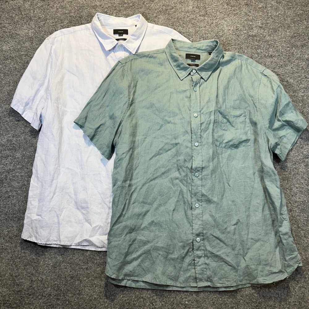 Vince Button Down Shirts Mens XXL Blue Green Linen Classic Summer Coastal 2pk